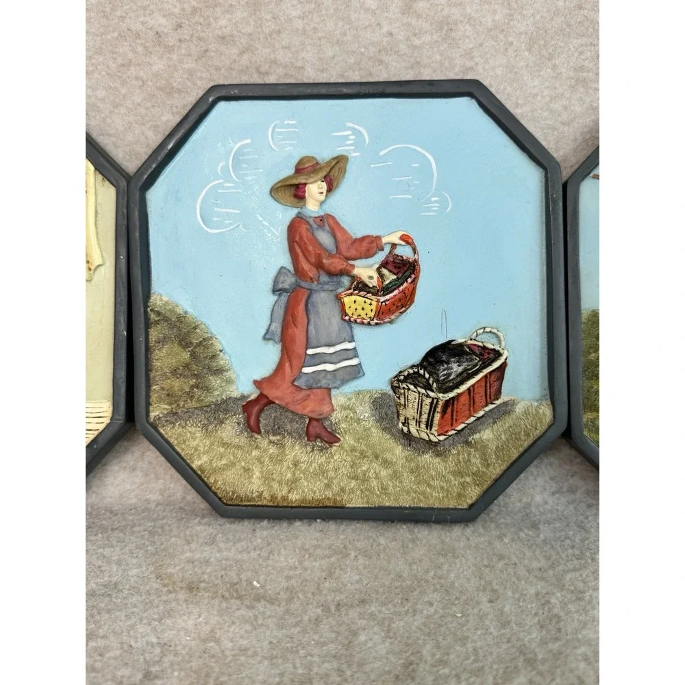 3D Ceramic Wall Pictures Laundry Lady 3-Picture‎ Scenes Washing Hanging Drying